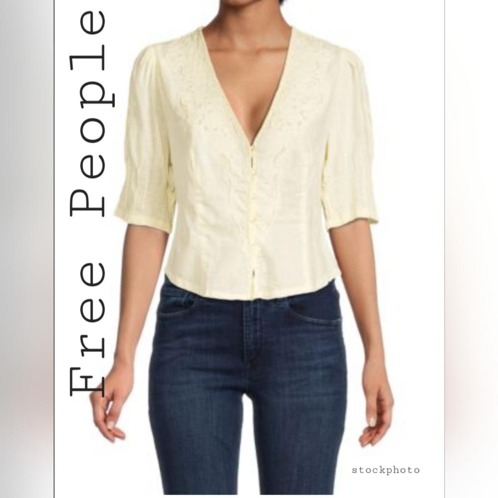 Free People Laurie Ivory Embroidered Women's Short Sleeve Blouse Top Size S NWT